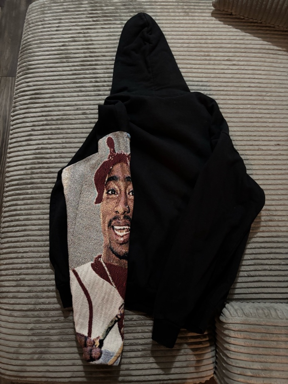 Black Hoodie with  tapestry, 2Pac Graphic Face Sleeve Detail - Black